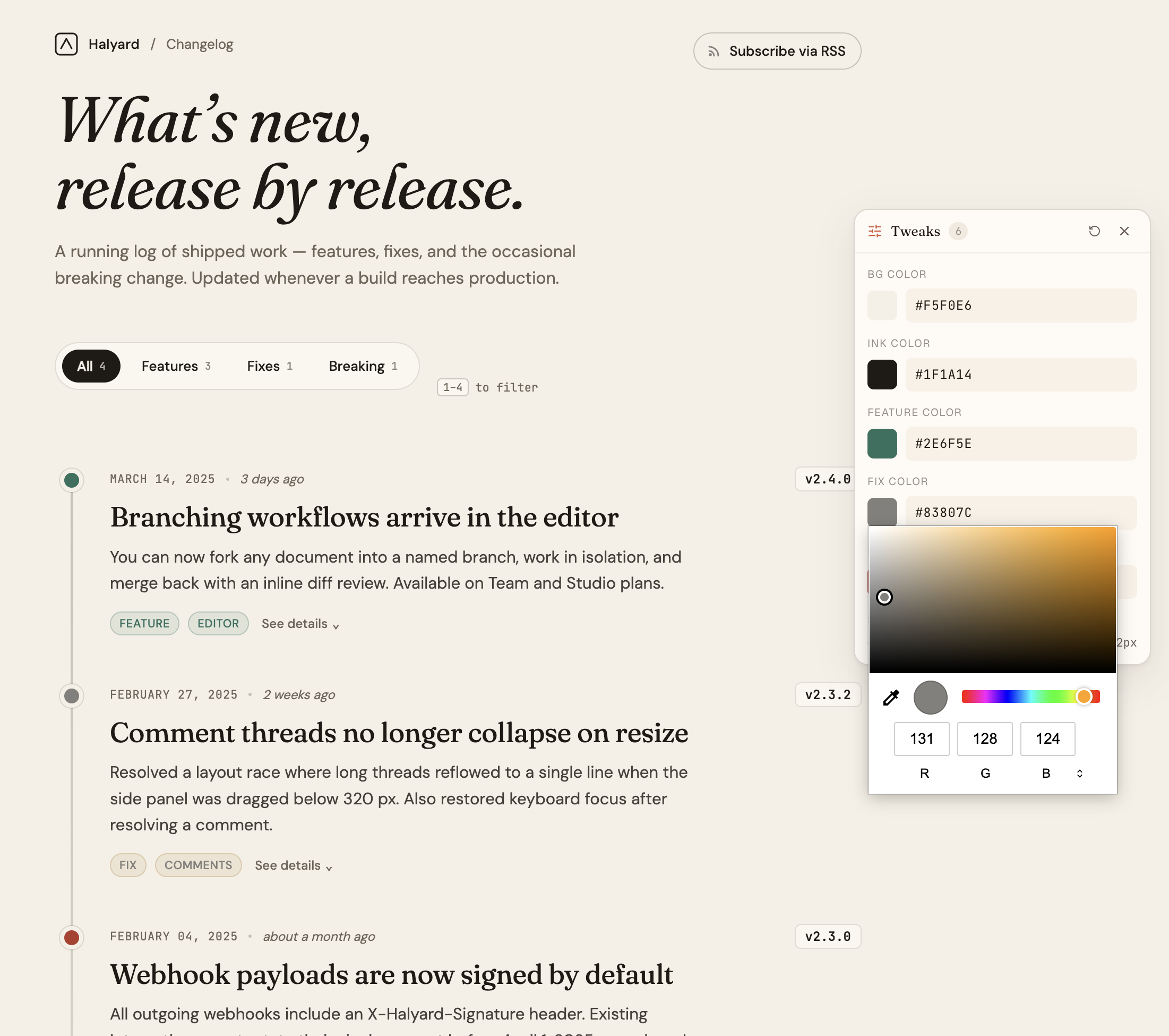 AI-emitted tweaks panel — color pickers and RGB inputs